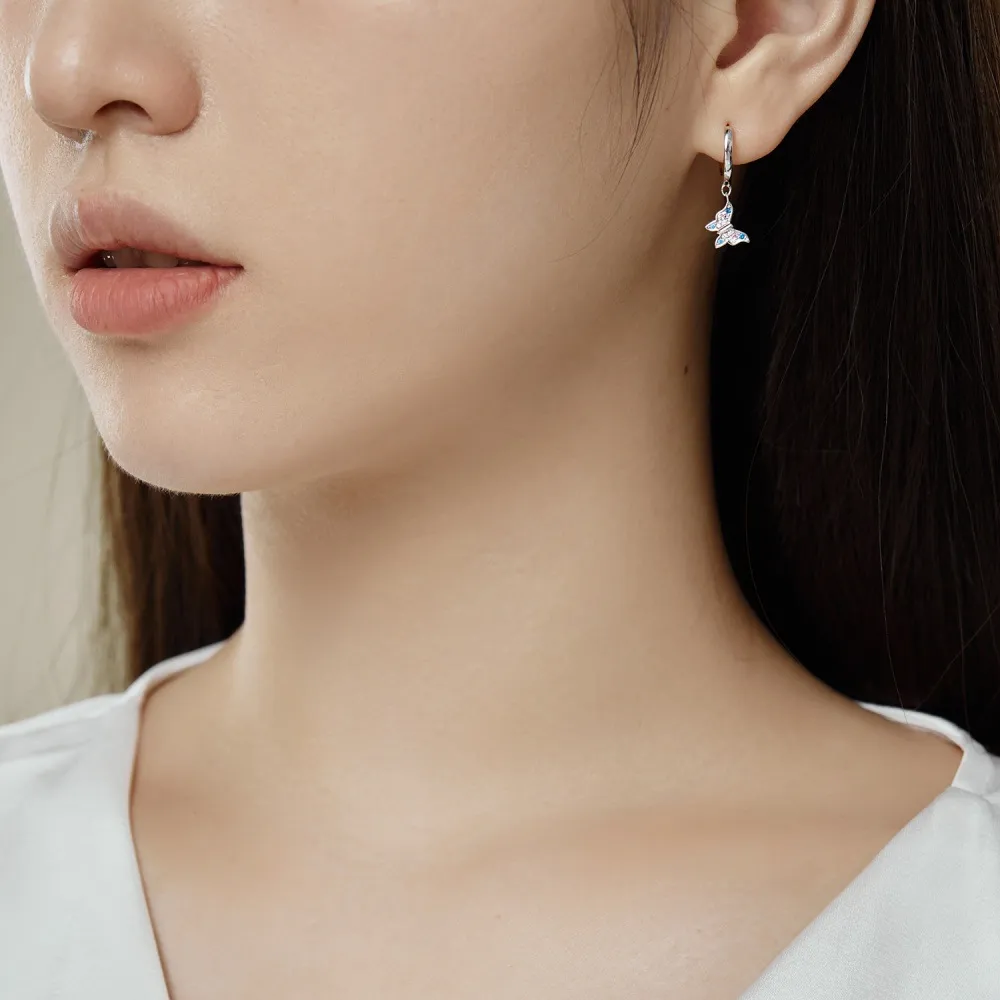 Rainbow Zirconia Butterfly Dangle Charm Hoop Earrings 60300122 - image1