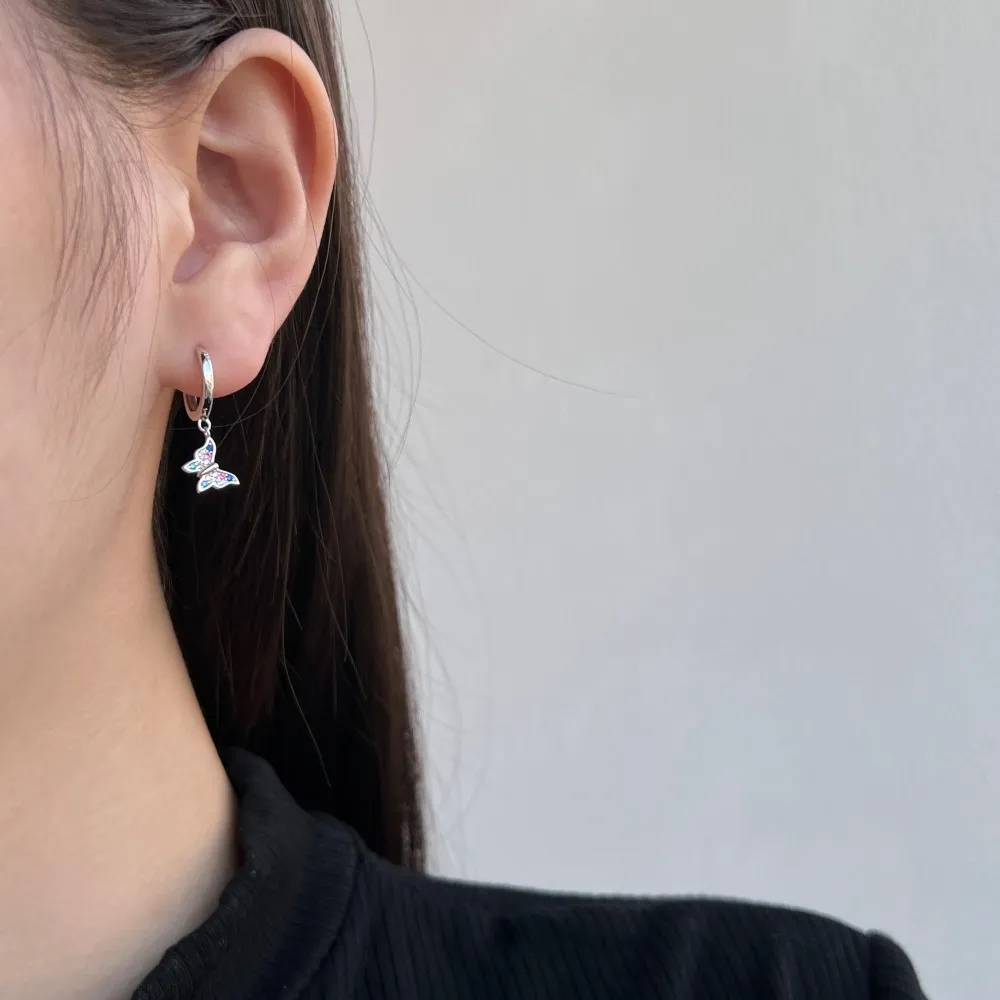 Rainbow Zirconia Butterfly Dangle Charm Hoop Earrings 60300122 - image2