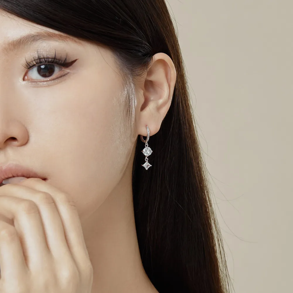 Round Square Zirconia Dangle Charm Hoop Earrings 60300123 - image1