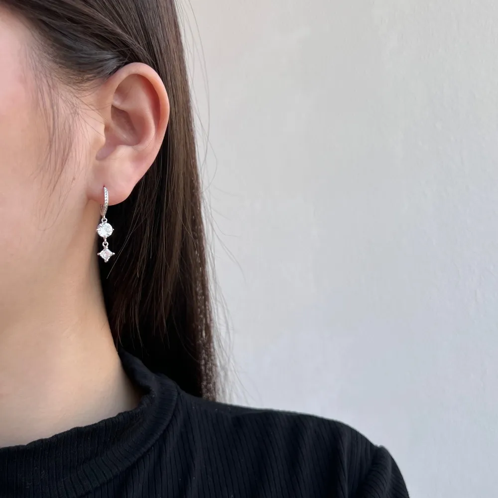 Round Square Zirconia Dangle Charm Hoop Earrings 60300123 - image2