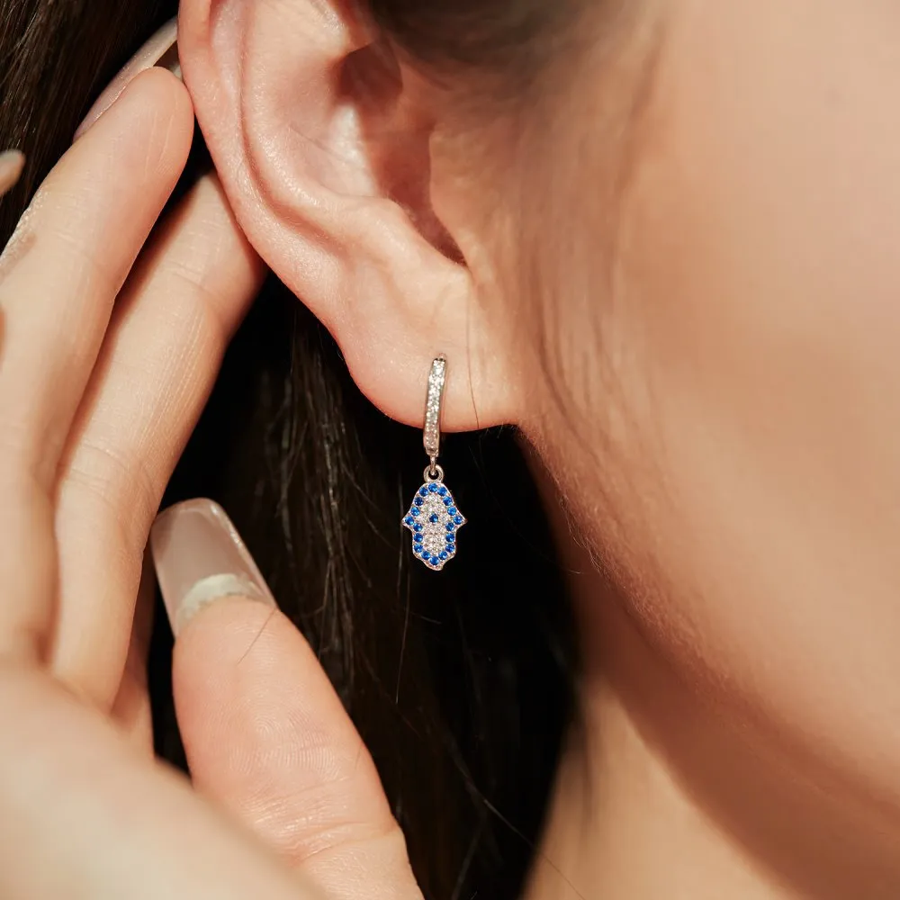 Evil Eye Hassam Hand Zirconia Dangle Charm Hoop Earrings 60300125 - image2