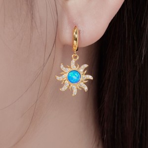 Blue Opal Flower Zirconia Charm Hoop Earrings 60300128