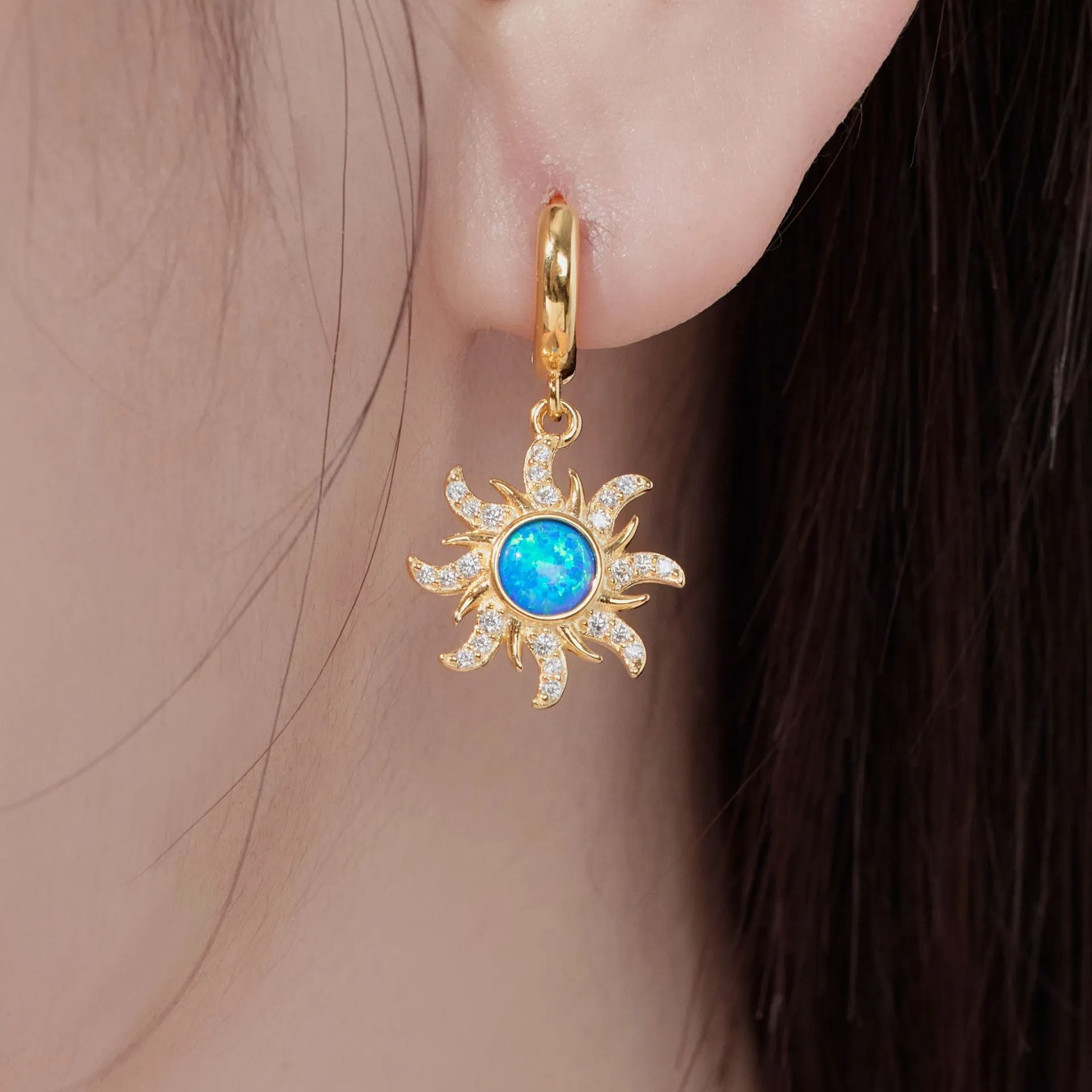 Blue Opal Flower Zirconia Charm Hoop Earrings 60300128 - image1