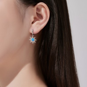 Blue Opal Flower Zirconia Charm Hoop Earrings 60300128