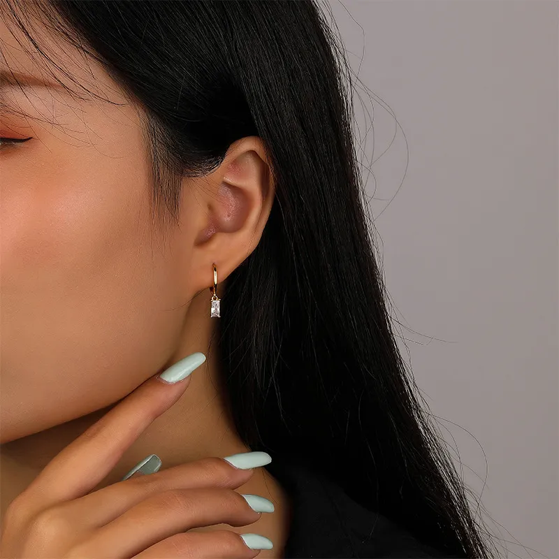 Gold Tone Rectangle Zirconia Charm Hoop Earrings 60300133 - image2