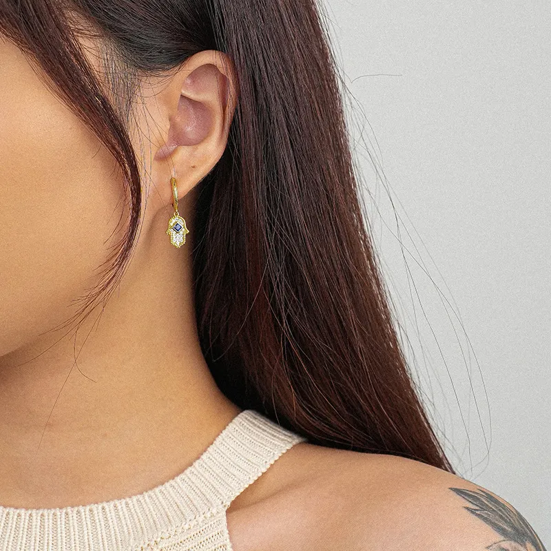 Hamsa Hand Zirconia Charm Hoop Earrings 60300151 - image1