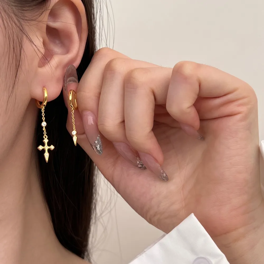 S925 Zirconia Darts Cross Tassel Hoop Earring 60300161 - image1