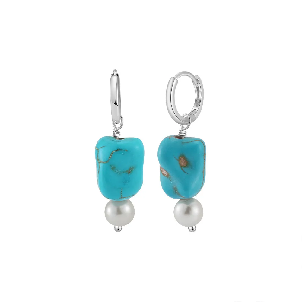 S925 Turquoise Pearl Drop Hoop Earring 60300165