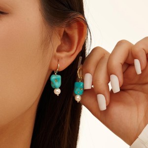 S925 Turquoise Pearl Drop Hoop Earring 60300165
