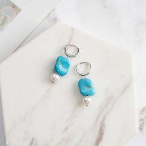 S925 Turquoise Pearl Drop Hoop Earring 60300165