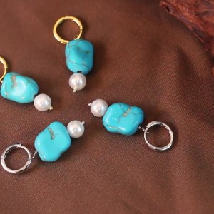 S925 Turquoise Pearl Drop Hoop Earring 60300165