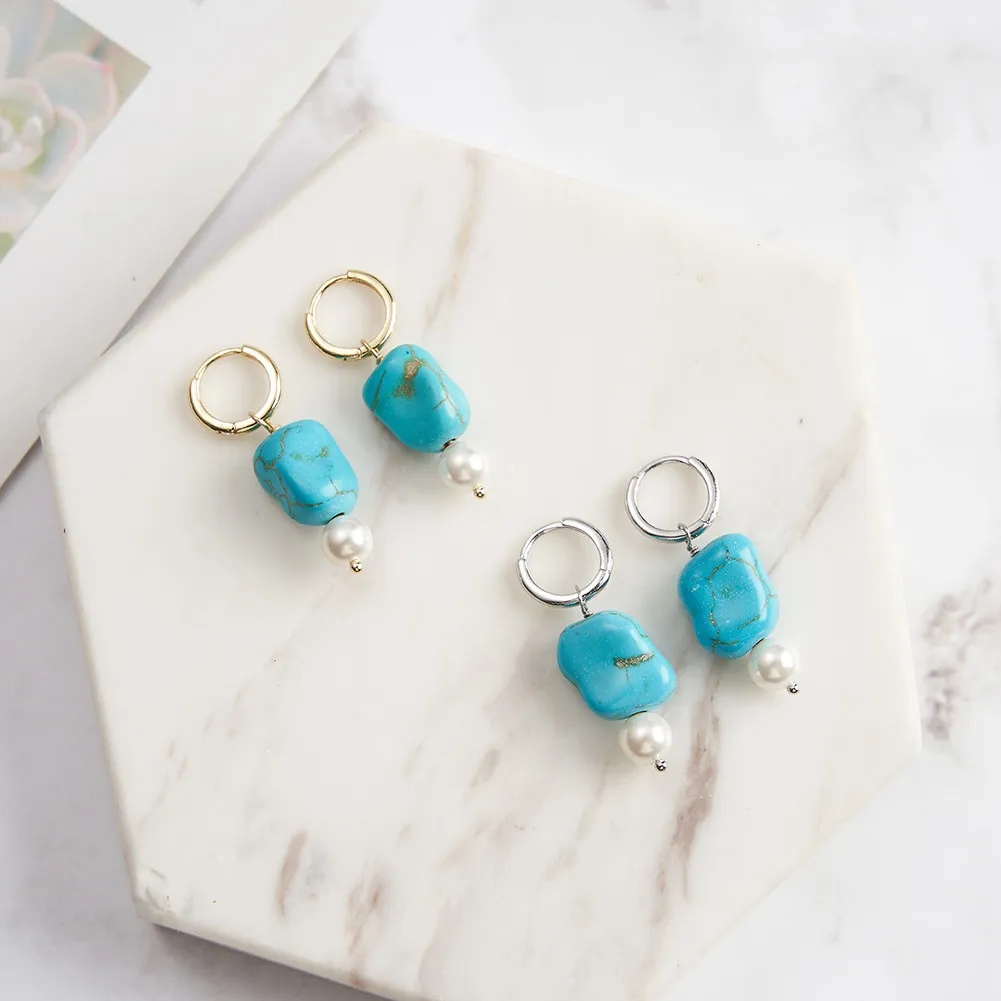 S925 Turquoise Pearl Drop Hoop Earring 60300165 - image2