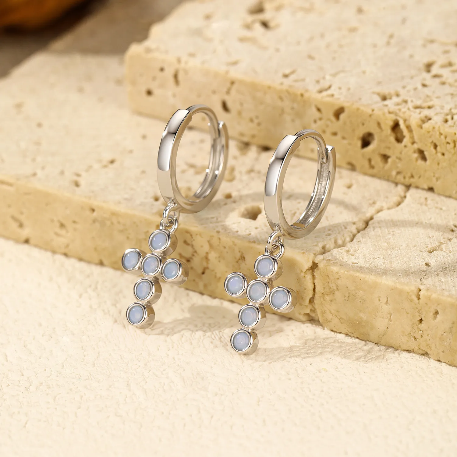 925 Sterling Silver Opal Cross Dangle Earring 60300167 - image2
