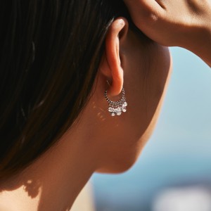 925 Sterling Silver Pear Zirconia Charm Hoop Earring 60300171