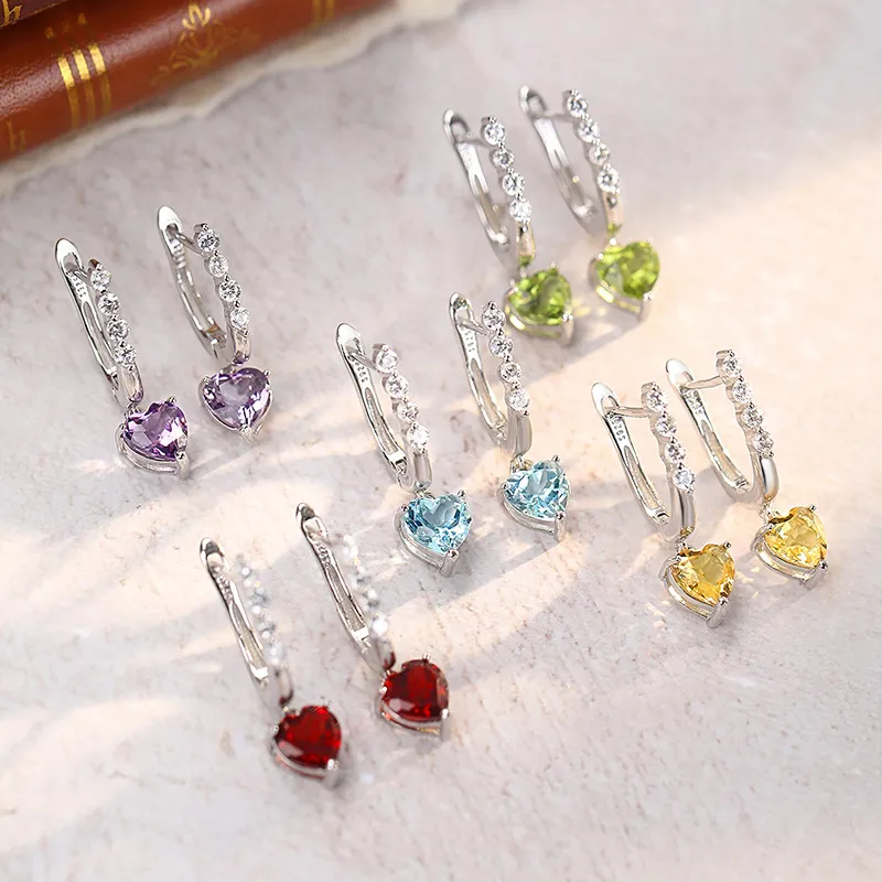 925 Sterling Silver Natural Crystal Heart-Shaped Dangle Earrings 60300179 - image1