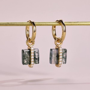 925 Sterling Silver Square Moss Agate Earrings 60300180