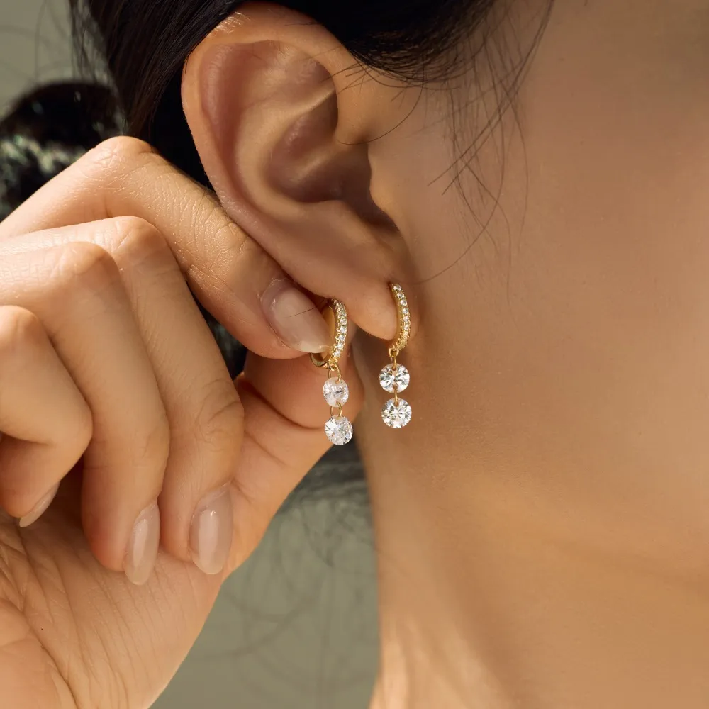 925 Sterling Silver 5mm Double Zircon Drop Hoop Earring 60300193 - image1
