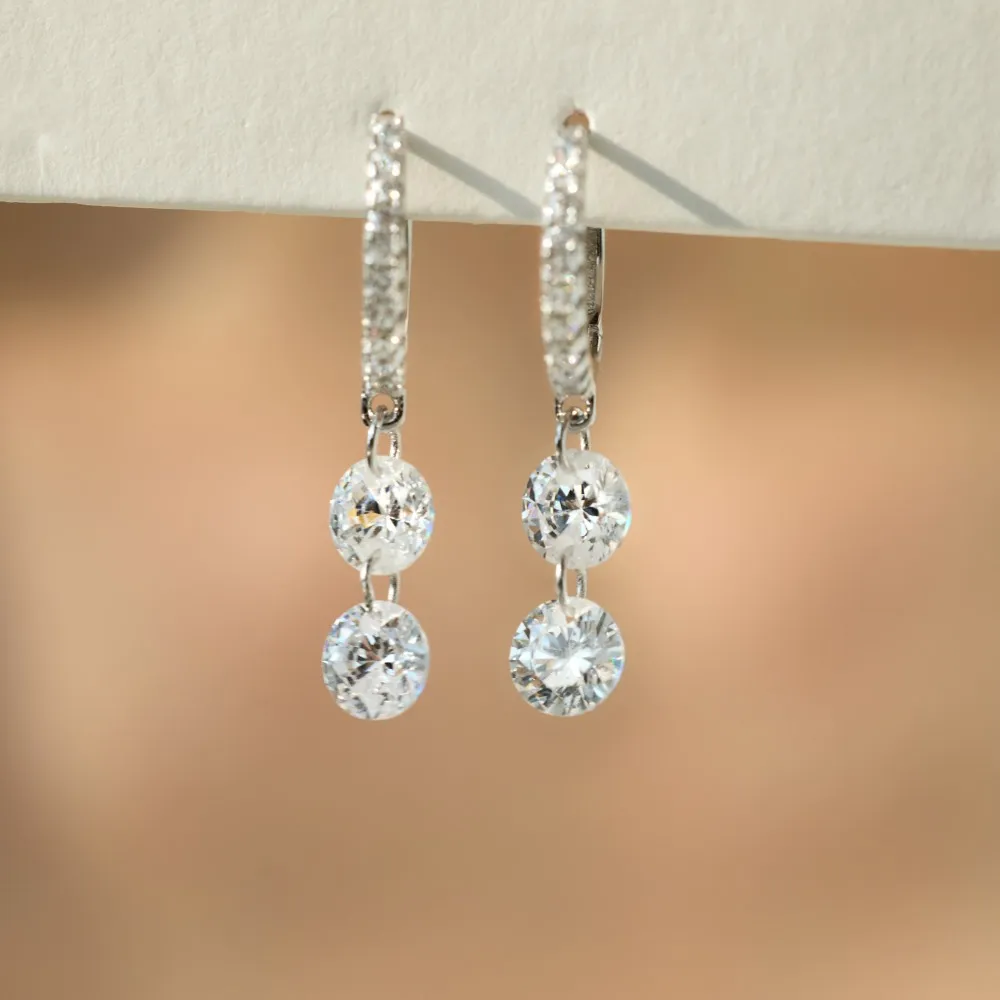 925 Sterling Silver 5mm Double Zircon Drop Hoop Earring 60300193 - image4
