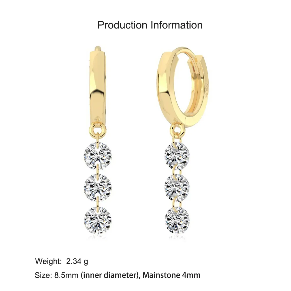 925 Sterling Silver 4mm Triple Zircon Hoop Earring 60300195 - image2