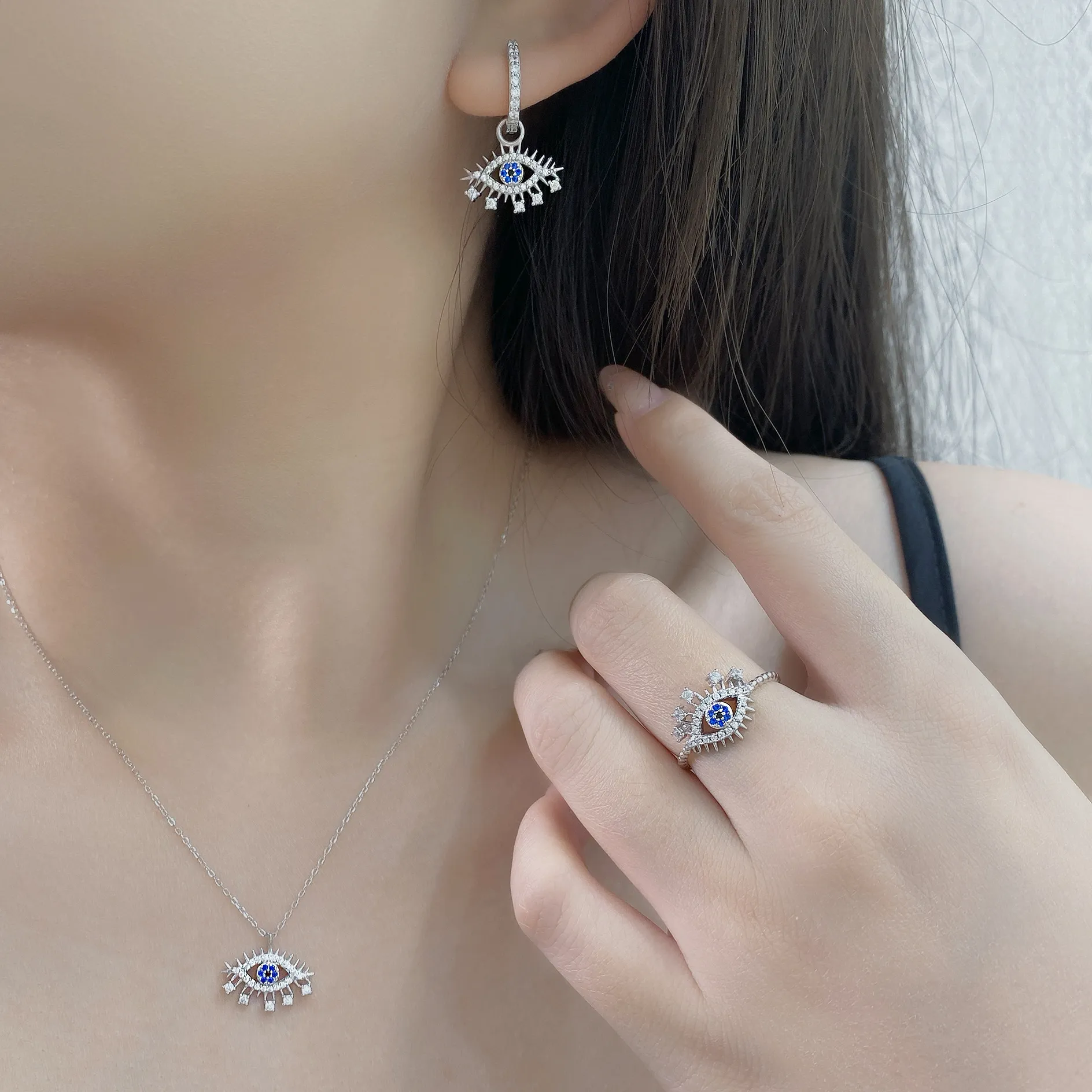 925 Sterling Silver Evil Eye Zircon Hoop Earring 60300202 - image1