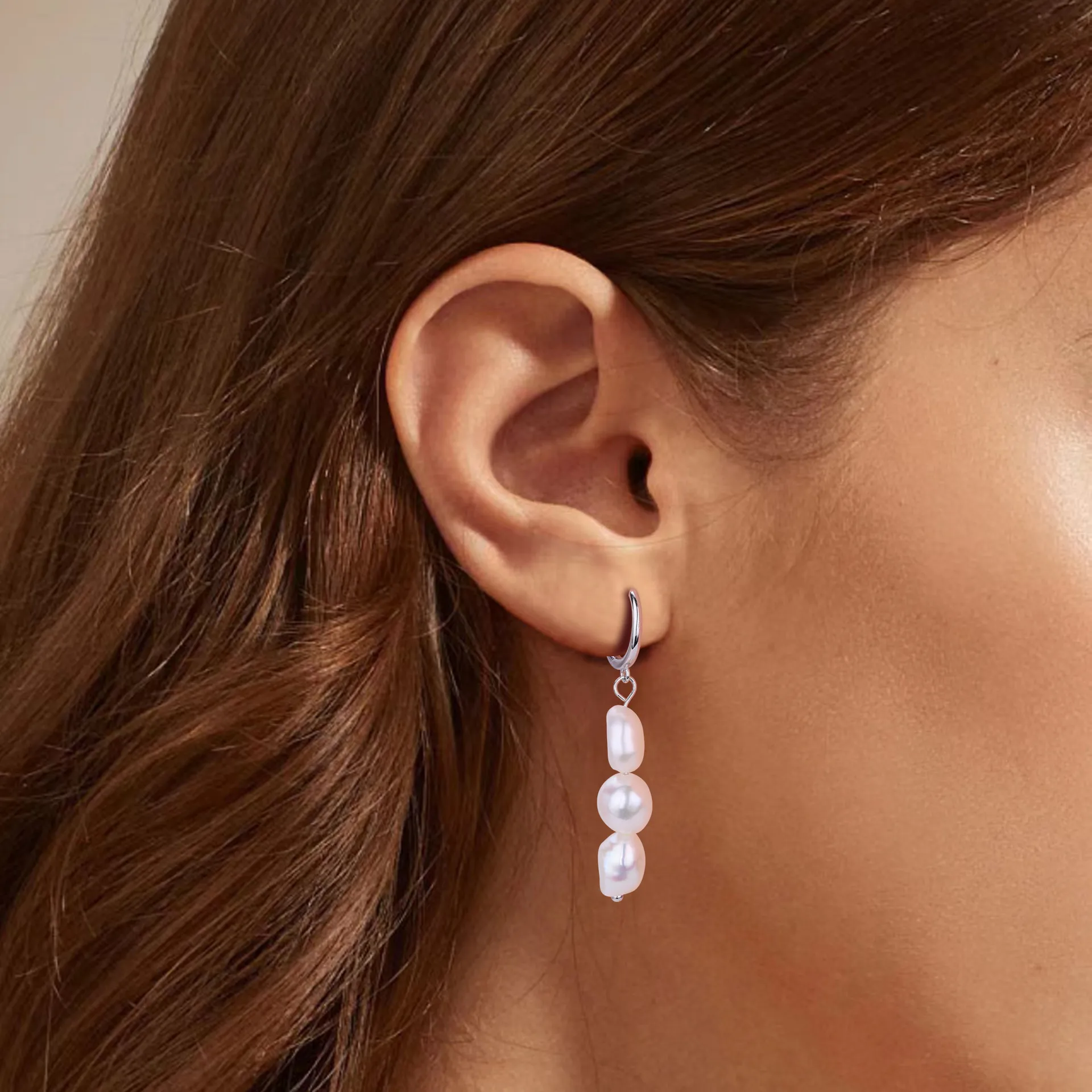 925 Sterling Silver Natural Pearl Drop Hoop Earring 60300205 - image3