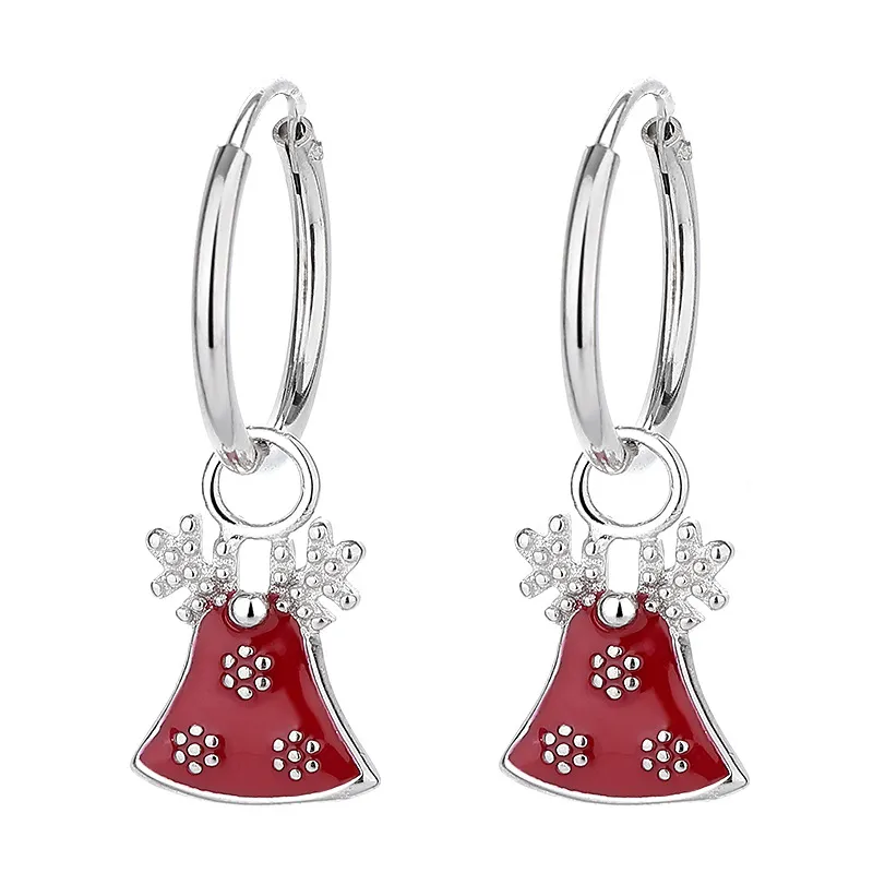 925 Sterling Silver Christmas Bell Snowflake Drop Hoop Earring 60300207