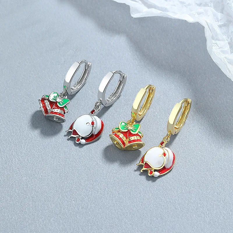 925 Sterling Silver Asymmetrical Bells Bows Hoop Earring 60300208 - image1