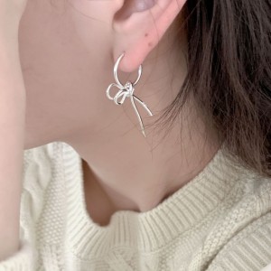 925 Sterling Silver Zirconia Bow Drop Hoop Earring 60300209