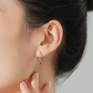 925 Sterling Silver Sapphire Blue Zircon Drop Hoop  Earring 60300216