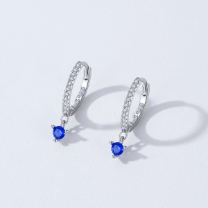 925 Sterling Silver Sapphire Blue Zircon Drop Hoop  Earring 60300216