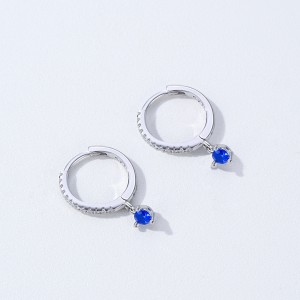 925 Sterling Silver Sapphire Blue Zircon Drop Hoop  Earring 60300216