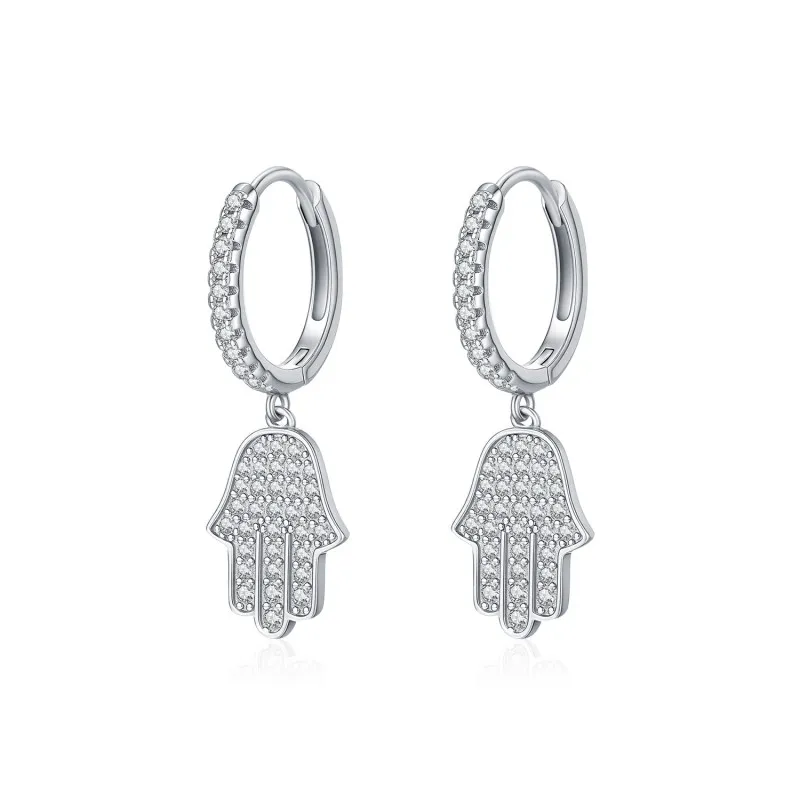 925 Sterling Silver Pave CZ Hamsa Hand Huggie Earrings 60300217 925 Sterling Silver Pave CZ Hamsa Hand Huggie Earrings 60300217