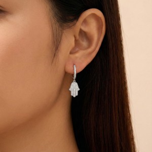 925 Sterling Silver Pave CZ Hamsa Hand Huggie Earrings 60300217 925 Sterling Silver Pave CZ Hamsa Hand Huggie Earrings 60300217
