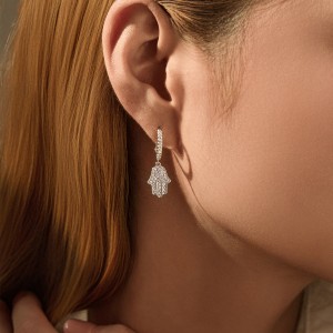 925 Sterling Silver Pave CZ Hamsa Hand Huggie Earrings 60300217 925 Sterling Silver Pave CZ Hamsa Hand Huggie Earrings 60300217