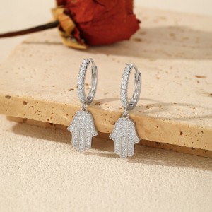 925 Sterling Silver Pave CZ Hamsa Hand Huggie Earrings 60300217 925 Sterling Silver Pave CZ Hamsa Hand Huggie Earrings 60300217