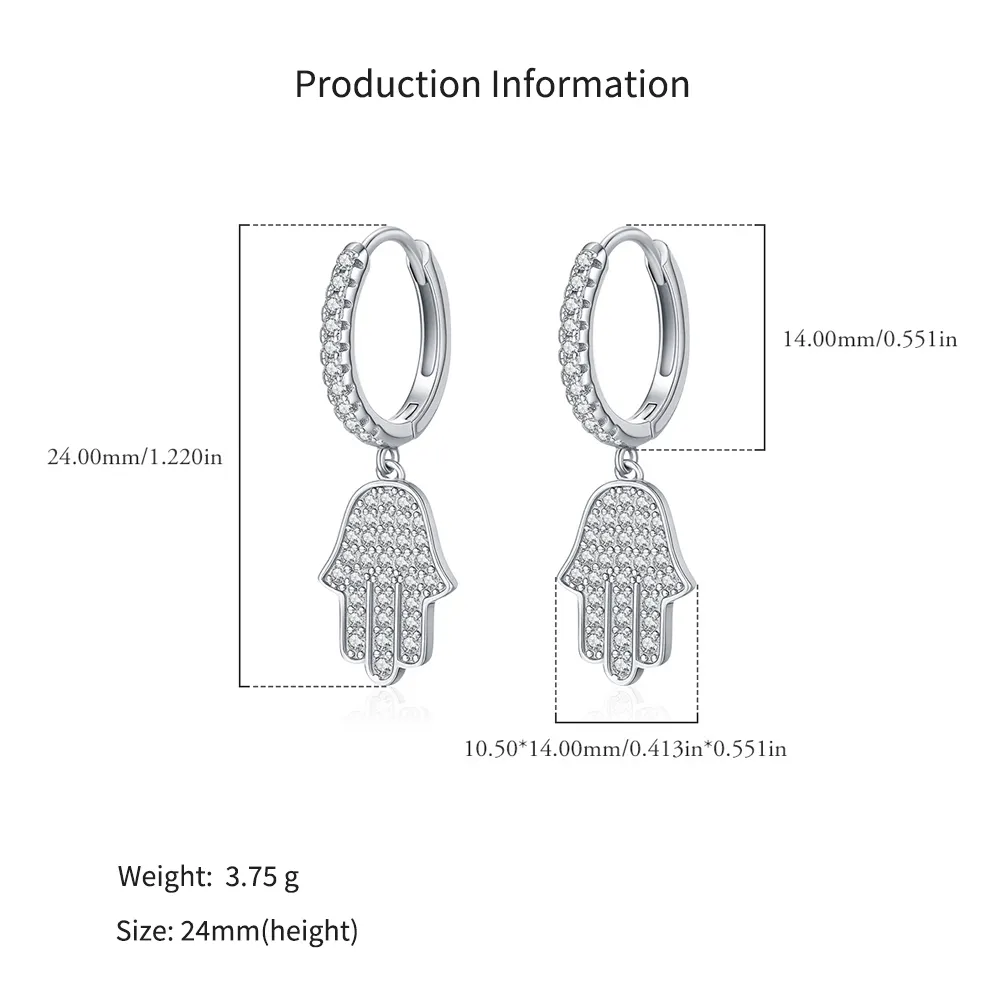 925 Sterling Silver Pave CZ Hamsa Hand Huggie Earrings 60300217 - image2