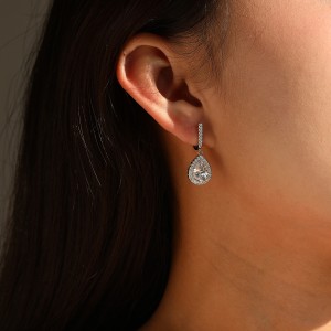 925 Sterling Silver Pear Halo Drop Earrings 60300221