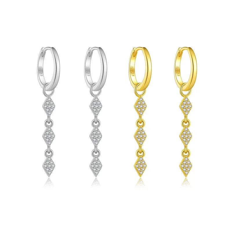 925 Sterling Silver Zircon Triple Rhombus Drop Earrings 60300224