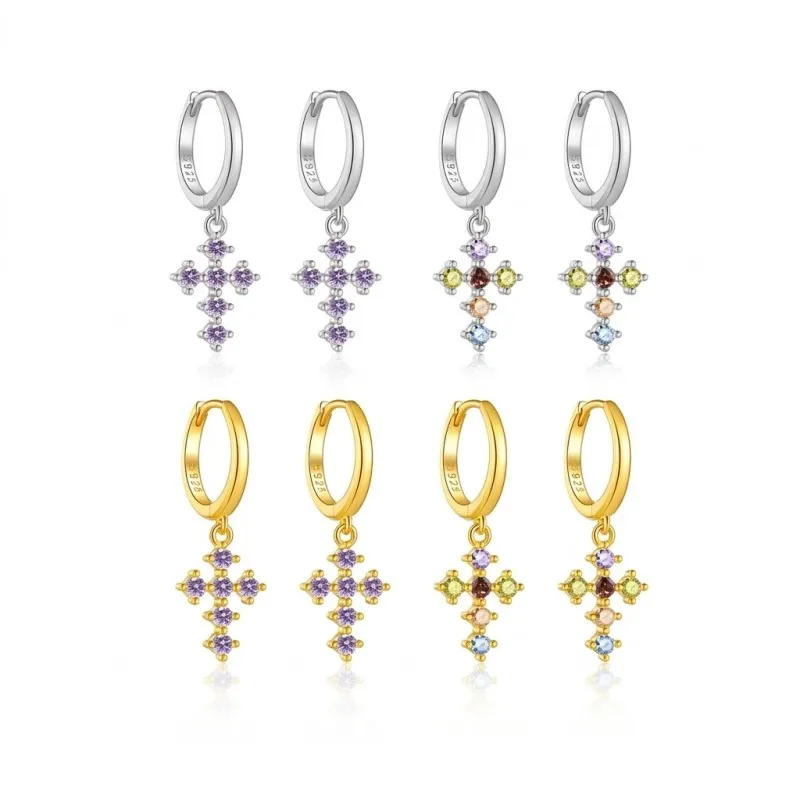 925 Sterling Silver Zircon Cross Huggies Earrings 60300227