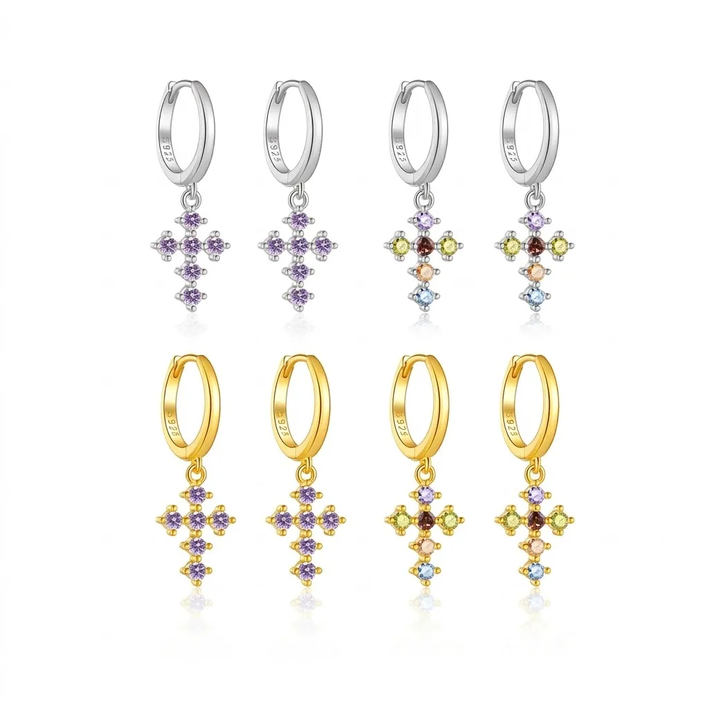 925 Sterling Silver Zircon Cross Huggies Earrings 60300227