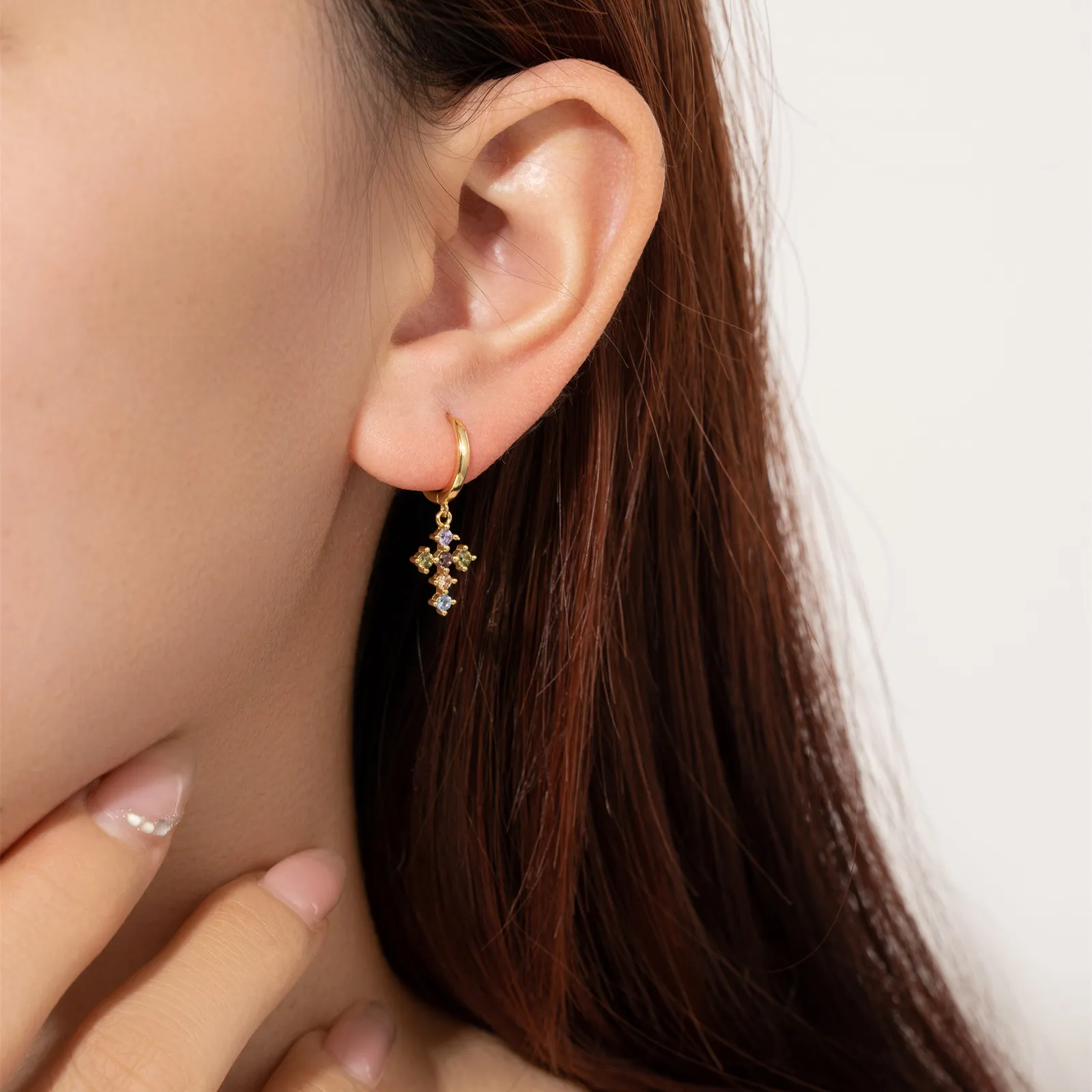 925 Sterling Silver Zircon Cross Huggies Earrings 60300227 - image2