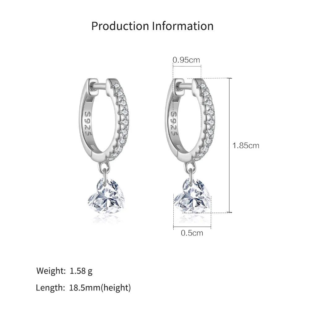 925 Sterling Silver Pave Heart Drop Huggies 60300230 - image2