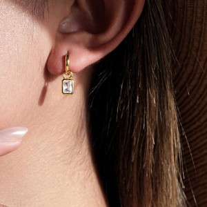 925 Sterling Silver Emerald-Cut Zircon Drop Huggies 60300231