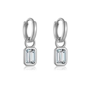 925 Sterling Silver Emerald-Cut Zircon Drop Huggies 60300231
