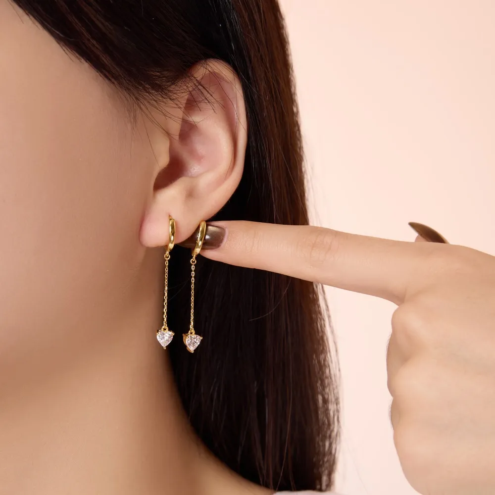 925 Sterling Silver Heart Chain Drop Huggie Hoops 60300234 - image1