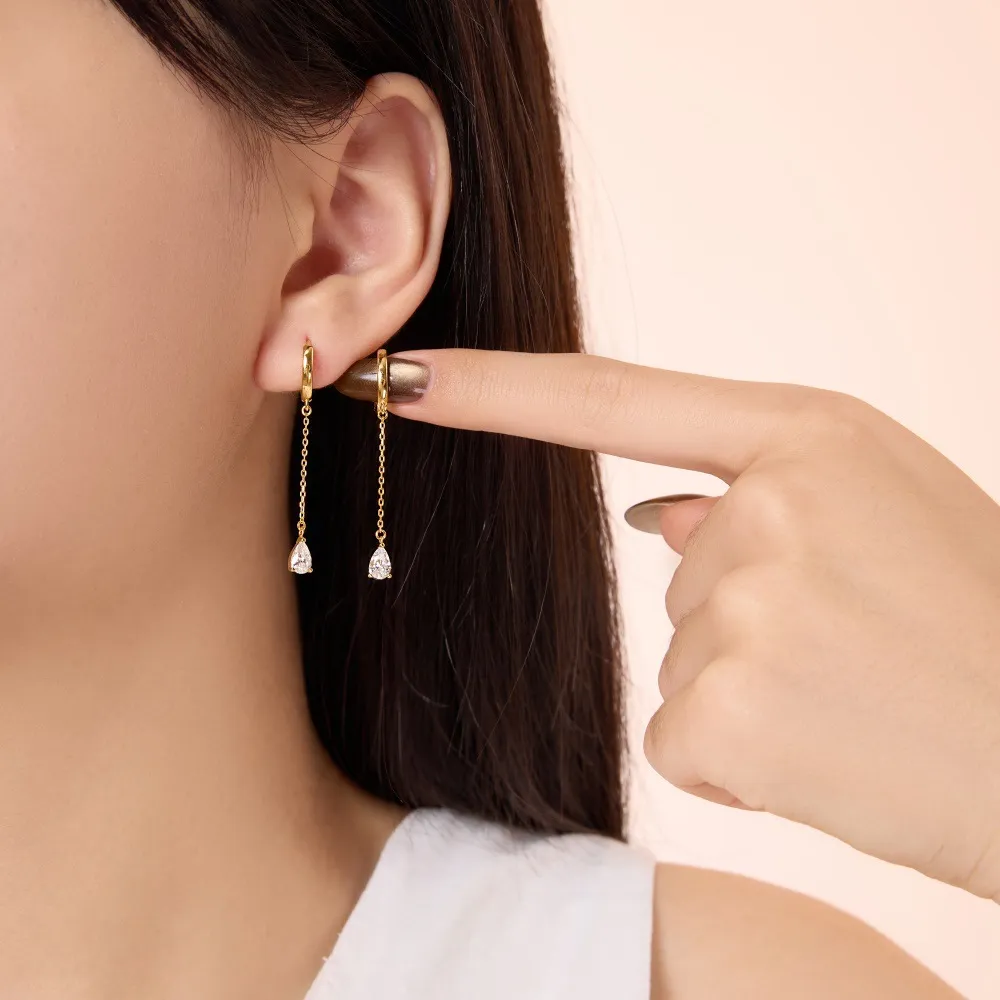 925 Sterling Silver Teardrop Chain Drop Huggie Hoops 60300235 - image1