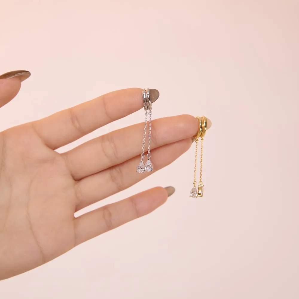 925 Sterling Silver Teardrop Chain Drop Huggie Hoops 60300235 - image3