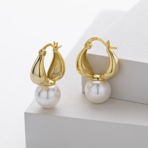 925 Sterling Silver Puffy Hoop Fresh Water Pearl Drop Earrings 60400034