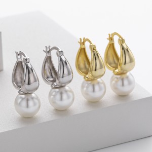 925 Sterling Silver Puffy Hoop Fresh Water Pearl Drop Earrings 60400034