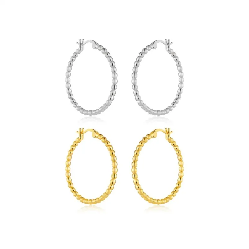 925 Sterling Silver Minimalist Beaded Oval Hoops 60400038